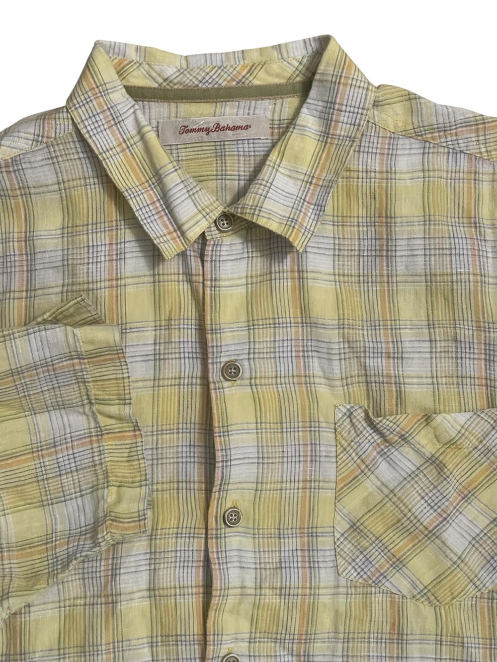 Tommy Bahama Yellow Plaid Linen Blend Button-Up Short Sleeve Shirt